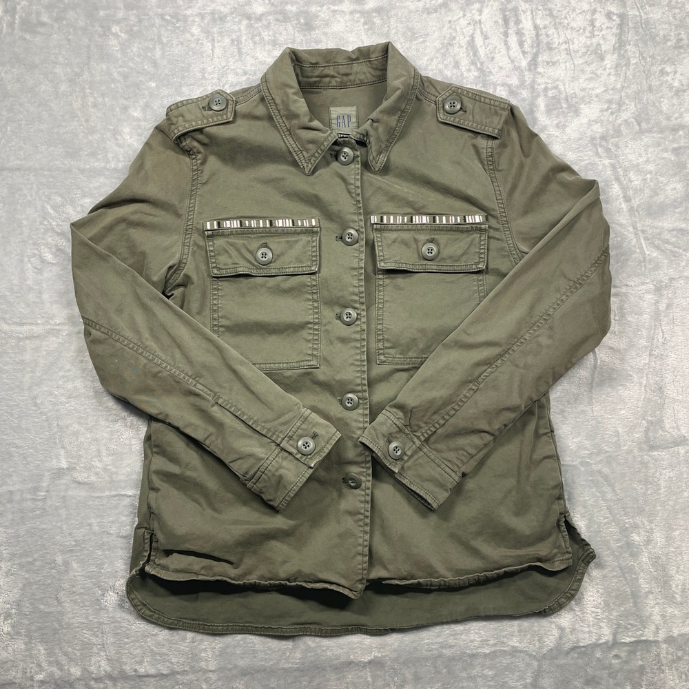 GAP Embroidered Utility Jacket Military Green Button Up Shirt Womens XS